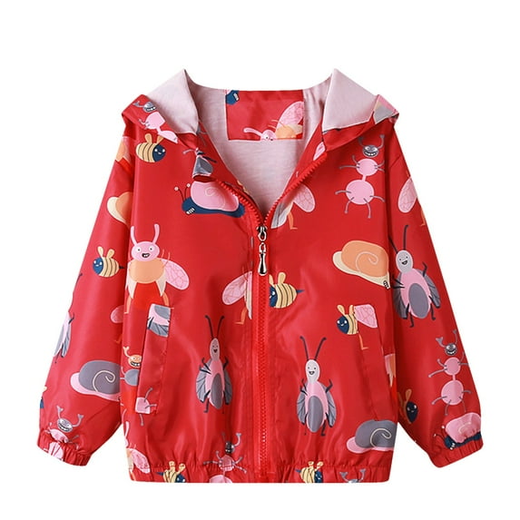 kamemir Girls Rain Jacket Lightweight Waterproof Hooded Cotton Lined Raincoat Windbreaker for Kids(W-Red,100)