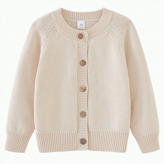 kamemir Girls School Clothes Girls Sweater Cardigan - Cotton Knit Crew Neck Long Sleeve, Warm Solid Color for Kids(Beige,9-10 Years)