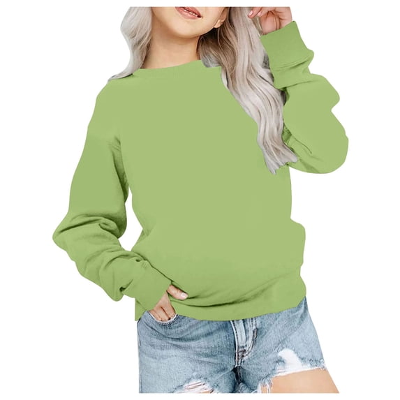 kamemir Girls Sweatshirts Girls Crewneck Sweatshirt Long Sleeve Pullover Tops Drop Shoulder Sweatshirts Side Split for 5-14 Years(Green,9-10 Years)