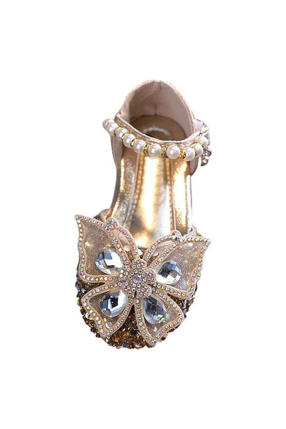 Girls Toddler Dress Shoes Flower Princess Shoes Glitter Mary Jane Low Heels for Party Wedding(Gold,7)