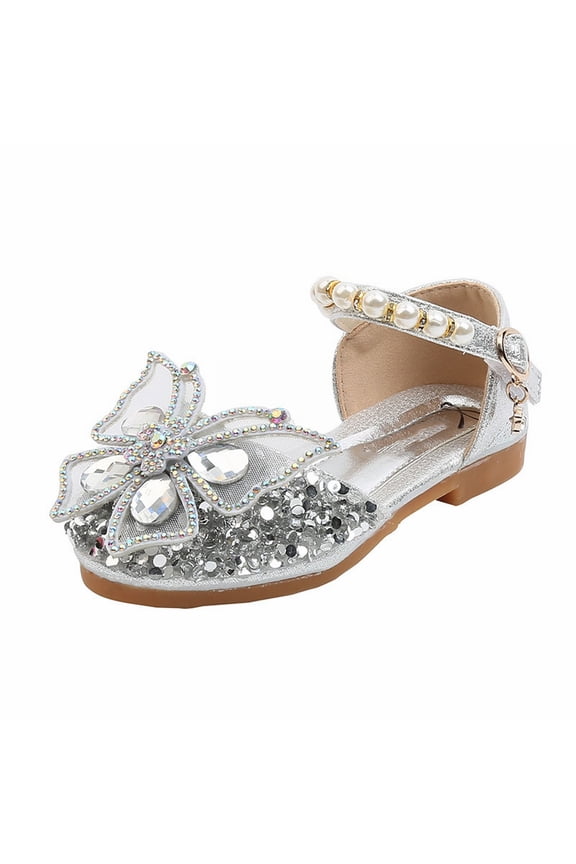 Girls Toddler Dress Shoes Flower Princess Shoes Glitter Mary Jane Low Heels for Party Wedding(Silver,3)