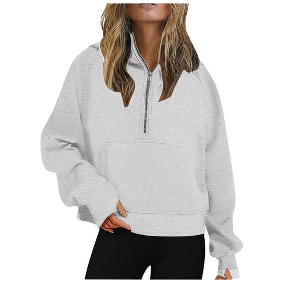 kamemir Hoodies for Women Zip up Sweatshirt for Women Casual Long Sleeve Quarter Zip Pullover Textured Tops 2024 Fall Clothes with Pockets(Grey,M)