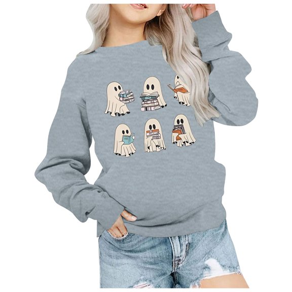 kamemir Kids Halloween Crewneck Sweatshirts Boy Girl Ghost Graphic Pullover Tops Cute Spooky Season Long Sleeve Shirt(Grey,4-5 Years)