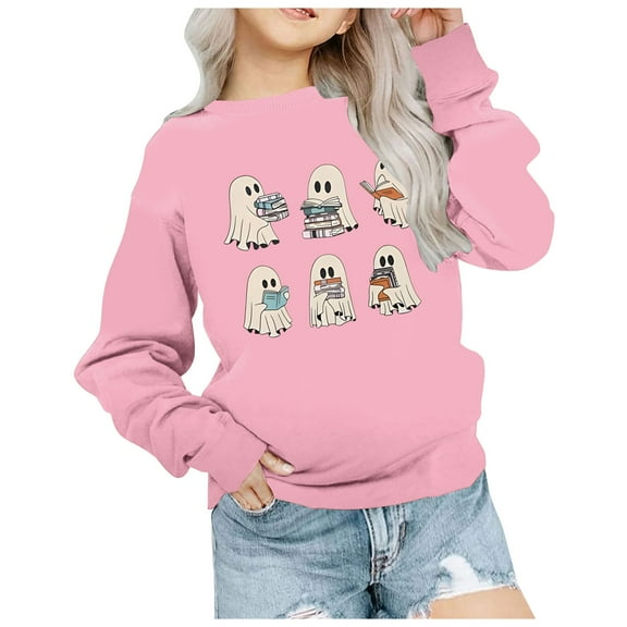 kamemir Kids Halloween Crewneck Sweatshirts Boy Girl Ghost Graphic Pullover Tops Cute Spooky Season Long Sleeve Shirt(Pink,6-7 Years)
