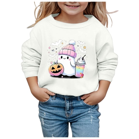 kamemir Kids Halloween Crewneck Sweatshirts Boy Girl Ghost Graphic Pullover Tops Cute Spooky Season Long Sleeve Shirt(White,18-24 Months)