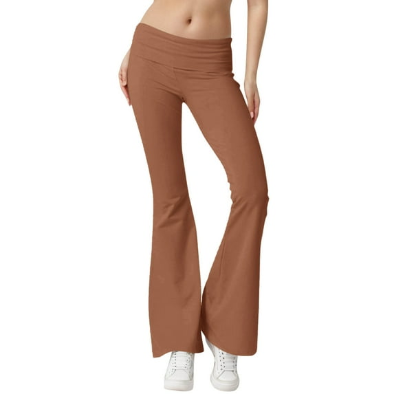 kamemir Leggings Women's Flare Leggings Fold Over Yoga Pants Low Rise Bootcut Lounge Yoga Leggings-Flare Workout Gym Pants(Brown,S)