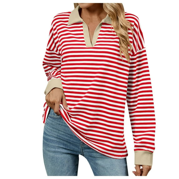 kamemir Lightweight Sweatshirts for Women Womens Oversized Sweatshirt 2024 Casual Crewneck Long Sleeve Colorblock Striped Pullover Tunic Tops Outfits(Red,S)