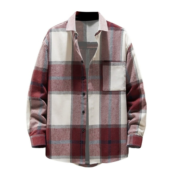kamemir Linen Shirts for Men Mens Casual Fashion Trend Loose Plaid Long Sleeved Shirt Top(Red,XXL)