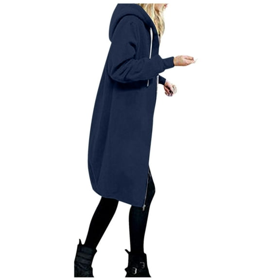 kamemir Long Hoodie for Women 2024 Casual Zip Up Drawstring Fleece Sweatshirt Oversized Jackets Coat Lightweight Fall Clothes(Dark blue,3XL)