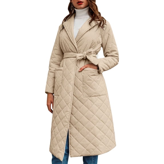 kamemir Long Puffer Coat Women Lightweight Quilted Down Jacket Overcoat Warm Winter Coats Trendy Casual Outerwear with Belt(Beige,L)