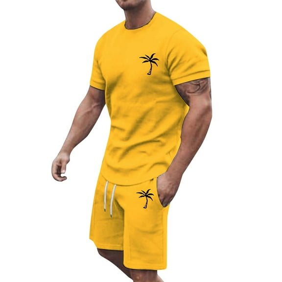 kamemir Men Short Sets Outfits Mens Beach Outfits for Vacation 2 Piece Short Sets Resort Wear(Yellow,S)