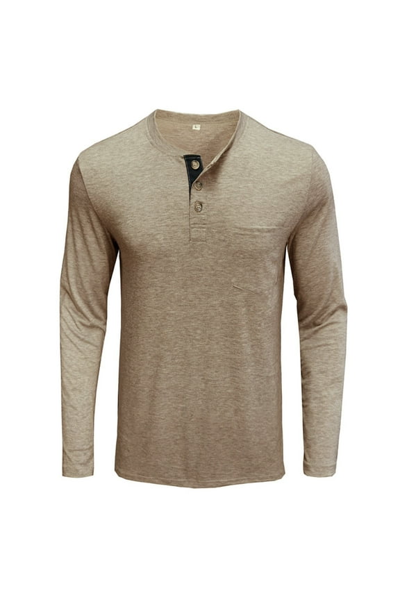 Men's Henley Sweatshirts Long Sleeve Casual Solid Fleece Lining Lightweight Thermal T Shirt with Kangaroo Pocket(Khaki,XXL)