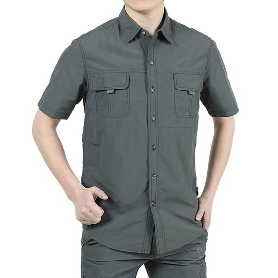 kamemir Men's Loose Fit Midweight Chambray ShortSleeve Shirt(Grey,M)