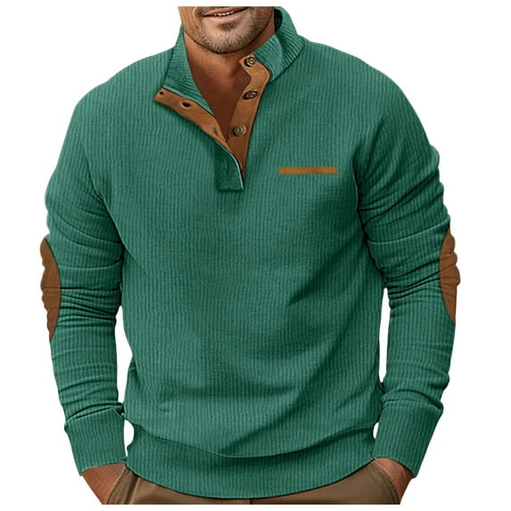kamemir Men's Quilted Sweatshirt Casual Long Sleeve Outdoor Stand Collar Button Pullover Sweatshirts(Dark Green,S)