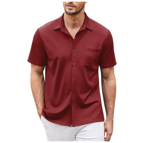 kamemir Men's Short Sleeve Oxford Shirt Regular Fit Button Down Collar Shirts with Pocket(Red,XL)