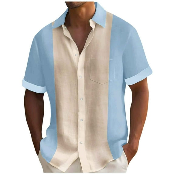 kamemir Men's Vintage Bowling Shirt Short Sleeve Button Down Summer Cuba Beach Shirts(Blue,M)