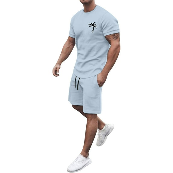kamemir Mens 2 Piece Short Set Men's Summer Beach Outfits 2 Piece Short Sleeve Shirts and Shorts Vacation Texture Linen Sets for Men(Light Blue,XXL)