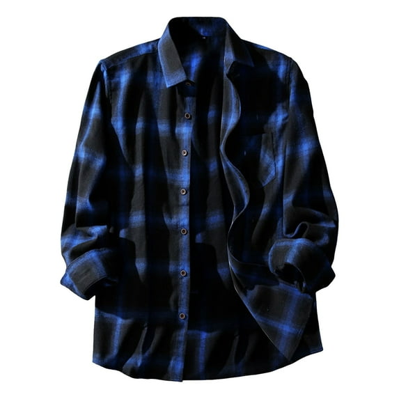 kamemir Mens Dress Shirts Long Sleeve Men's Plaid Shirts Long Sleeved Button Down Lapel Coats Casual Loose Jackets Pockets Fall And Winter(Blue,XL)