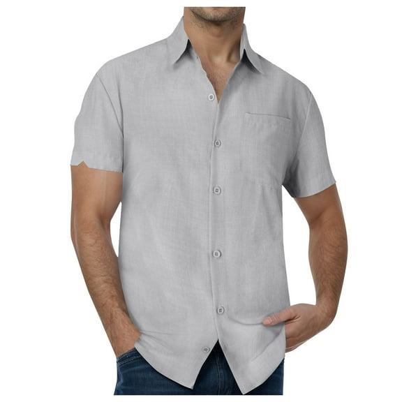 kamemir Mens Linen Shirt Mens Dress Shirts 4-Way Stretch Long Sleeve Collared Casual Solid Wedding Dating Button Down Shirt(Grey,L)