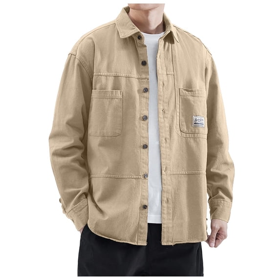 kamemir Mens Shirts Men's Work Shirt Jacket Men's Spring And Autumn Japanese Loose Casual Long Sleeved Shirt For Men(Brown,L)