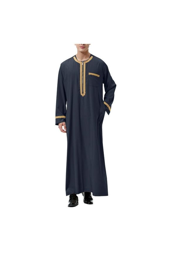 Mens Shirts Mens Dress Robe Arab Middle Robe Long Sleeve Embroidered Pocket Long Shirt Robe Coat Shirt Mens Prayer Clothing(Blue,3xl)