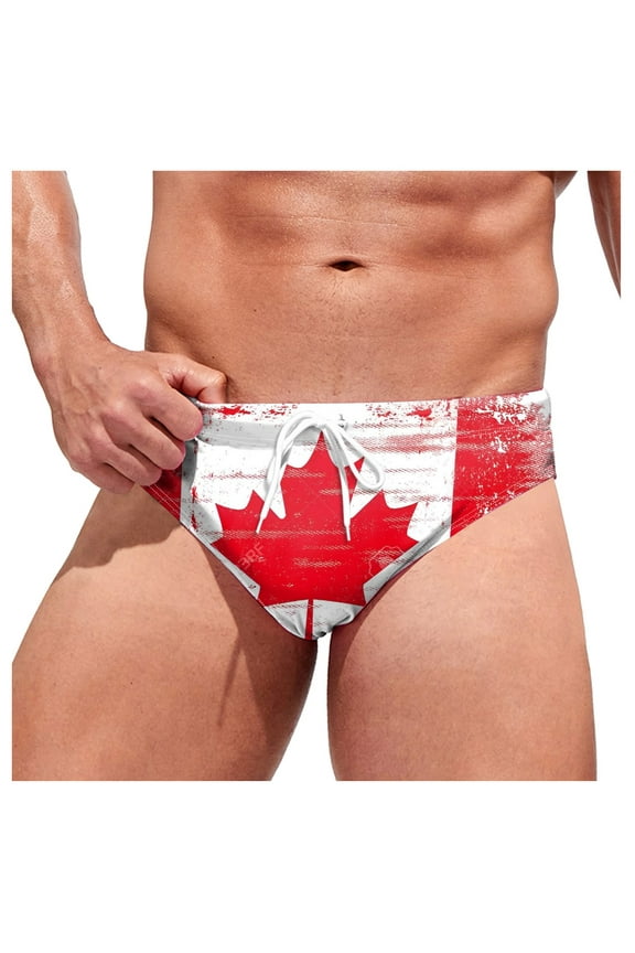 Mens Swim Brief Male Maple Leaf Themed Canadian Independence Day Triangle Print Soft And Comfortable Swimming Spa Tie Swimming Shorts(White,L)