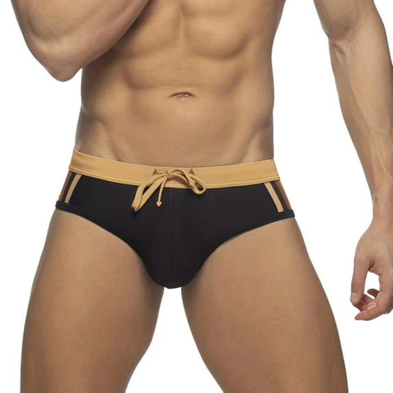 kamemir Mens Swim Briefs Mens Summer Seaside Beach Holiday Swimming Print Lace Up Briefs Swimsuit(Black,L)