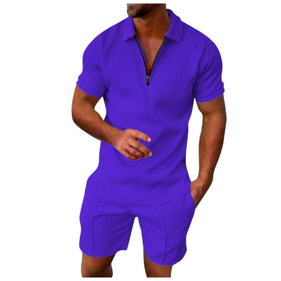 kamemir Mens Short Sets 2 Piece Outfits Polo Shirt Fashion Summer Tracksuits Casual Set Short Sleeve and Shorts Set for Men(Purple,L)