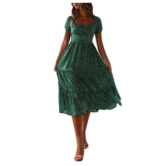 kamemir Plus Size Dresses for Curvy Women Sexy Womens Square Neck Polka Dot Short Sleeve Ruffle Swing Dress(X-Green,L)
