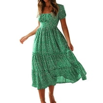 kamemir Plus Size Dresses for Curvy Women Womens Square Neck Polka Dot Short Sleeve Ruffle Swing Dress(Green,XL)