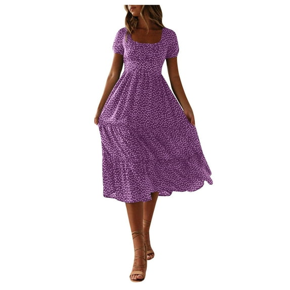 kamemir Plus Size Dresses for Women Women Boho Floral Print Summer Short Sleeve Midi Dress(X-Purple,L)