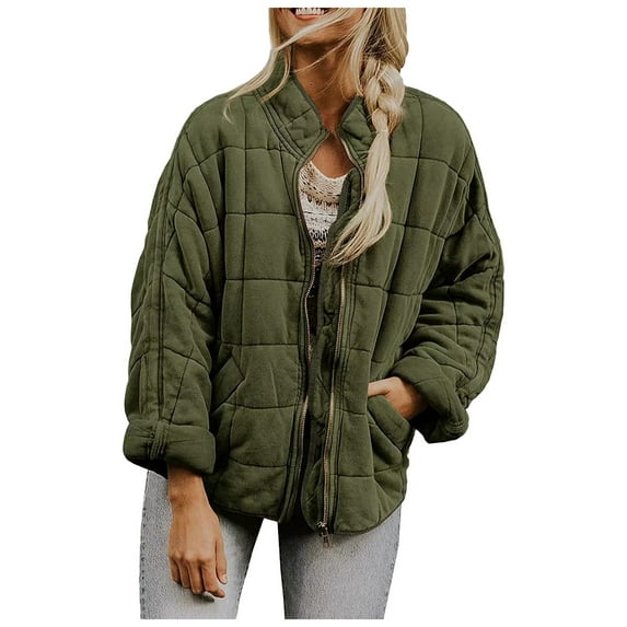 kamemir Quilted Jackets for Women Long Sleeve Zip Up Jacket Coat Loose Fit Puffer Jackets Winter Warm Outwear with Pockets(AG,L)