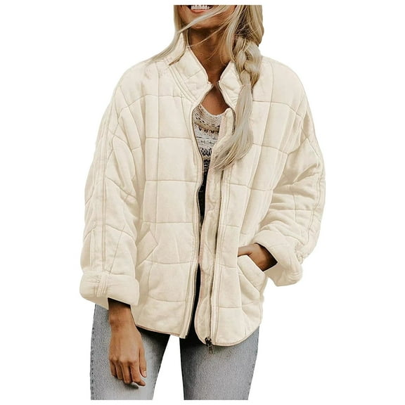 kamemir Quilted Jackets for Women Long Sleeve Zip Up Jacket Coat Loose Fit Puffer Jackets Winter Warm Outwear with Pockets(Beige,XL)