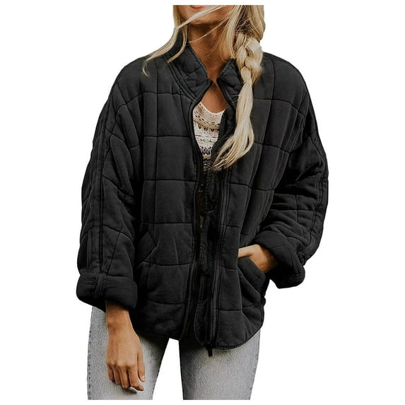 kamemir Quilted Jackets for Women Long Sleeve Zip Up Jacket Coat Loose Fit Puffer Jackets Winter Warm Outwear with Pockets(Black,L)