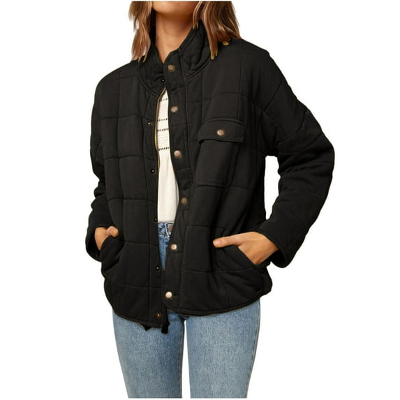 kamemir Quilted Jackets for Women Loose Fit Puffer Jackets Lightweight Long Sleeve Oversized Warm Winter Zip Up Coat(Black,XXL)