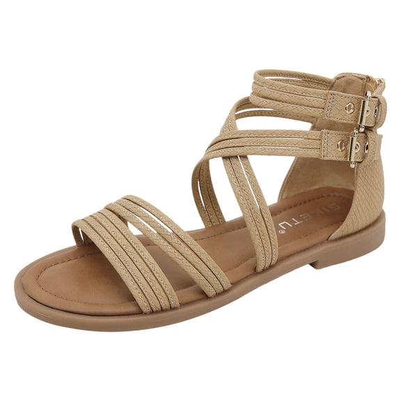 kamemir Sandals Women Womens Wedge Sandals Flower Low Heel Dressy Sandals Elastic Ankle Strap Rhinestone Summer Comfortable Shoe(Khaki,9)