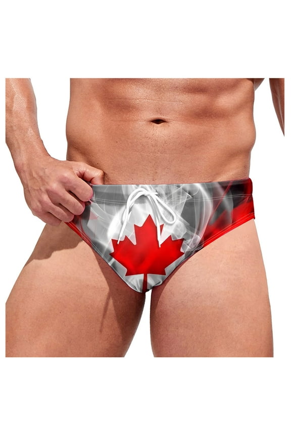 Speedos for Men Male Maple Leaf Themed Canadian Independence Day Triangle Print Soft And Comfortable Swimming Spa Tie Swimming Shorts(Grey,S)