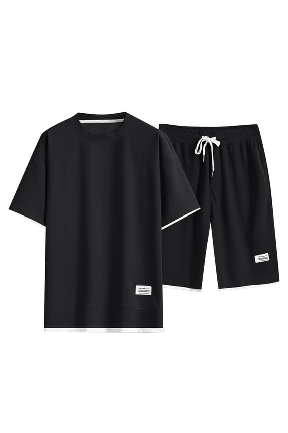 Summer Outfits for Men Mens Short Sets 2 Piece Outfits Summer Casual T Shirts and Shorts Tracksuit Sets with Pockets(Black,M)