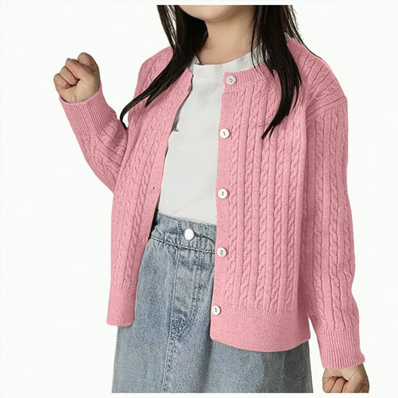 kamemir Sweater Cardigan Girls Cardigan Sweater Button Long Sleeve School Uniform Crewneck Knit Solid Sweaters Tops(Pink,150)