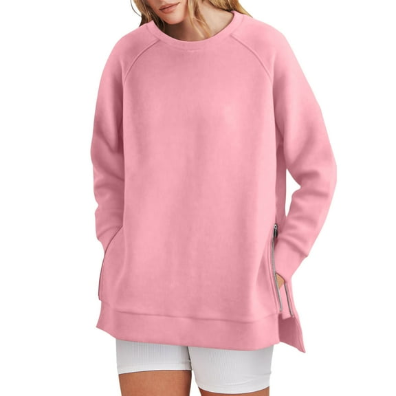 kamemir Sweatshirts for Women Plus Size Womens Oversized Sweatshirt Crewneck Long Sleeve Tunic Pollover Shirts Side Zipper Hoodie Sweater 2024 Fall Clothes(Pink,L)