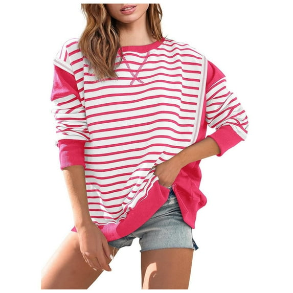 kamemir Sweatshirts for Women Women Oversized Striped Crewneck Sweatshirt Long Sleeve Color Block Pullover Tops Casual Loose Workout Shirt(RD1,M)