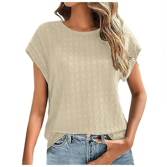 kamemir Tops for Women Trendy Summer Casual Cap Short Sleeve Basic Textured Solid Color Round Neck T Shirts Blouse(Beige,XL)