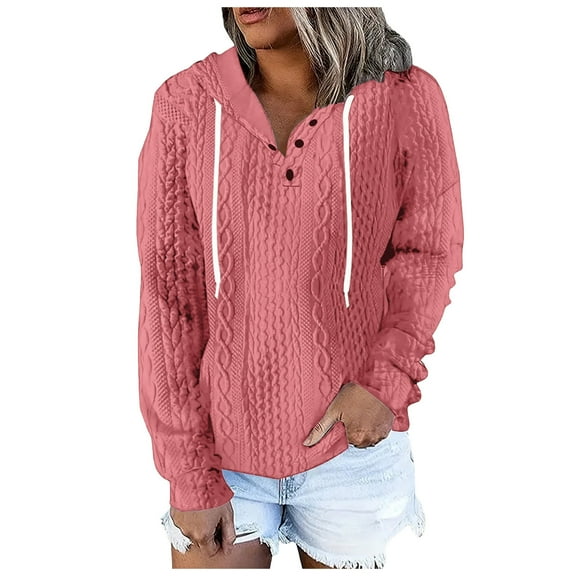 kamemir Waffle Cable Knit Hoodie Sweaters Loose Fit Buttons Plain Pullover Hooded Sweatshirts Plus Size Tops(Pink,XXL)