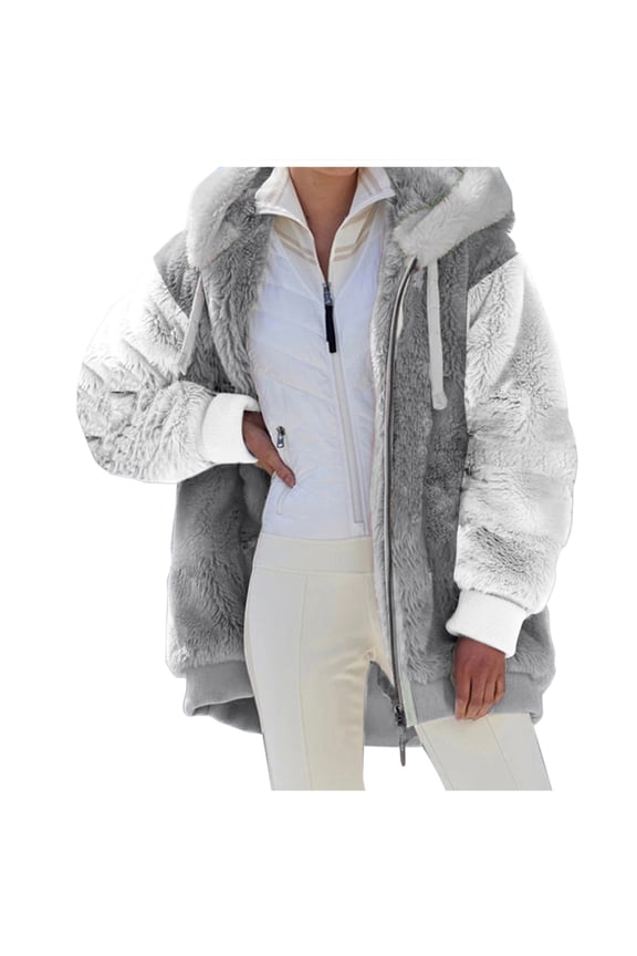 Winter Coats Jackets Flannel Jacket Fleece Cardigan for Women, Sweatshirt Loose Solid Color Artificial Wool Zipper Drawstring Long-Sleeved Hoodie Sweater Coat Black(Grey,M)