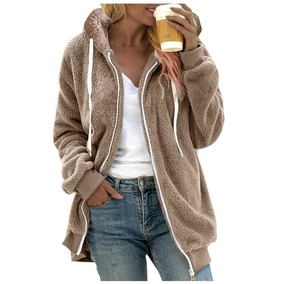 kamemir Winter Coats for Women Plus Size Fleece Fuzzy Jackets Zip up Hooded Drawstring Warm Outerwear with Pockets(Khaki,XL)