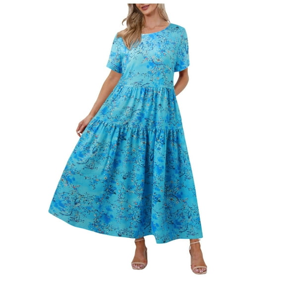 kamemir Women Casual Loose Bohemian Floral Dress with Pockets Short Sleeve Long Maxi Summer Beach Swing Dress EJF(Sky Blue,XXL)