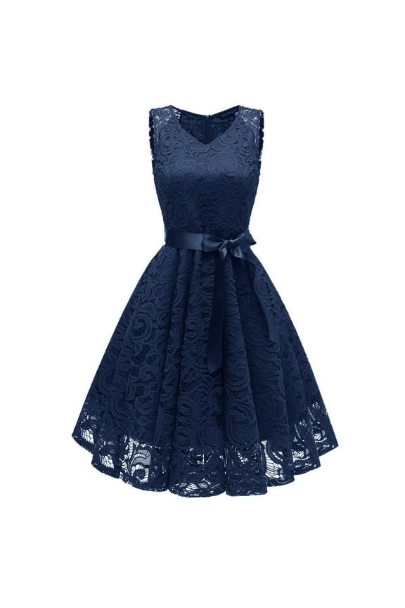 Women Floral Lace Bridesmaid Party Dress Short Prom Dress V Neck(Navy,L)