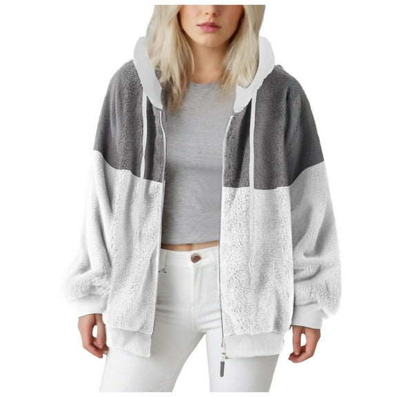 kamemir Women Plus Size Winter Warm Loose Plush Zip Hooded Jacket Coat(Grey,XL)