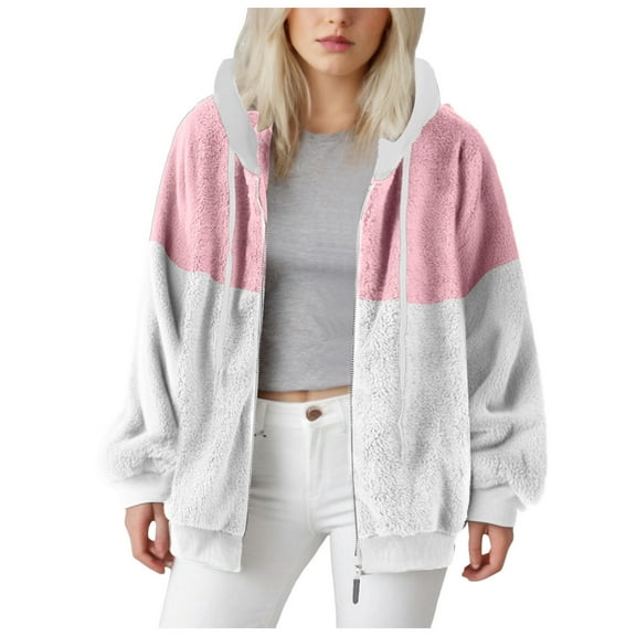 kamemir Women Plus Size Winter Warm Loose Plush Zip Hooded Jacket Coat(Pink,5XL)