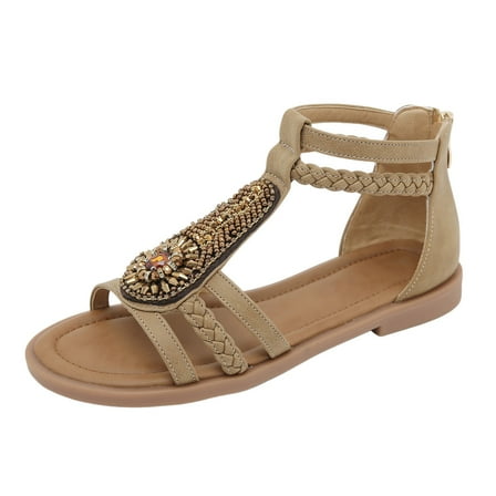 kamemir Women Sandals Closed Toe Sandals for Women Casual Summer Hollow Out Vintage Wedge Sandal Gladiator Flat Sandals(Beige,8)